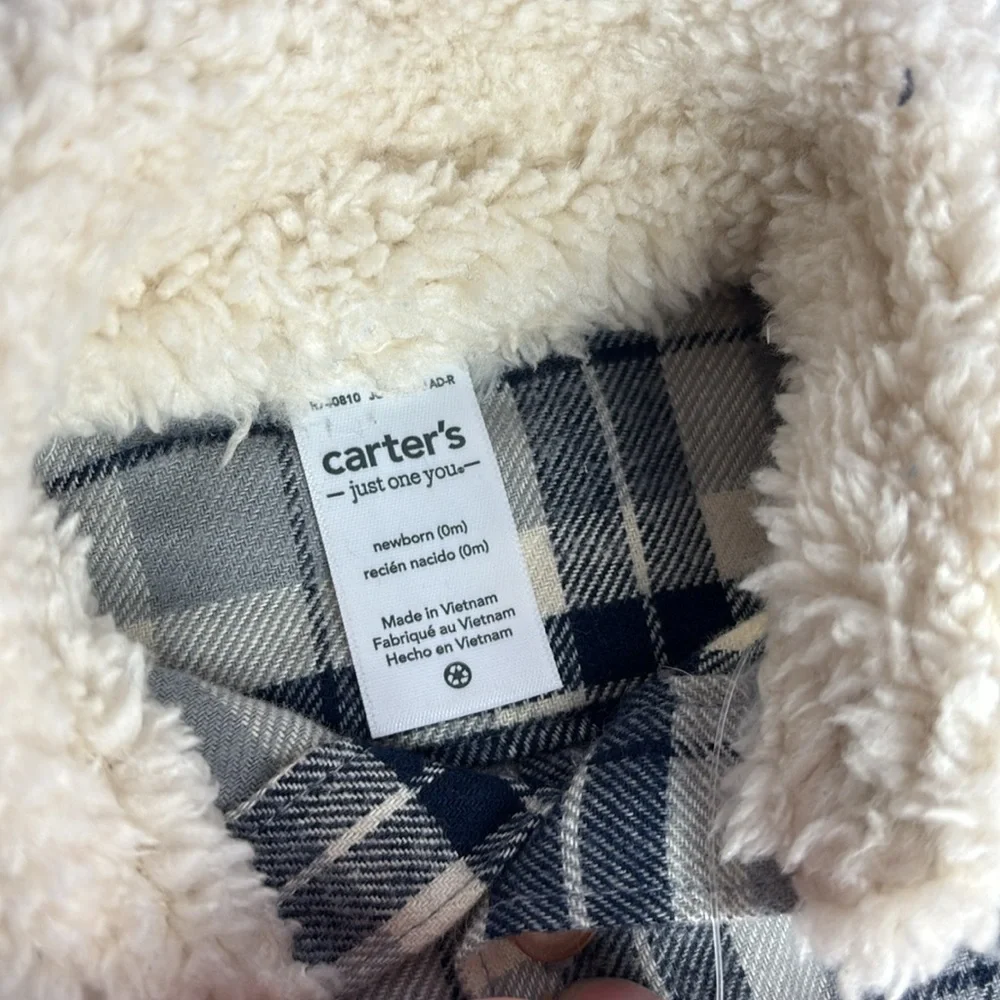 Carter's Plaid Jacket Sherpa Collar, Wolf Mountain Onesie and Navy Pants Set